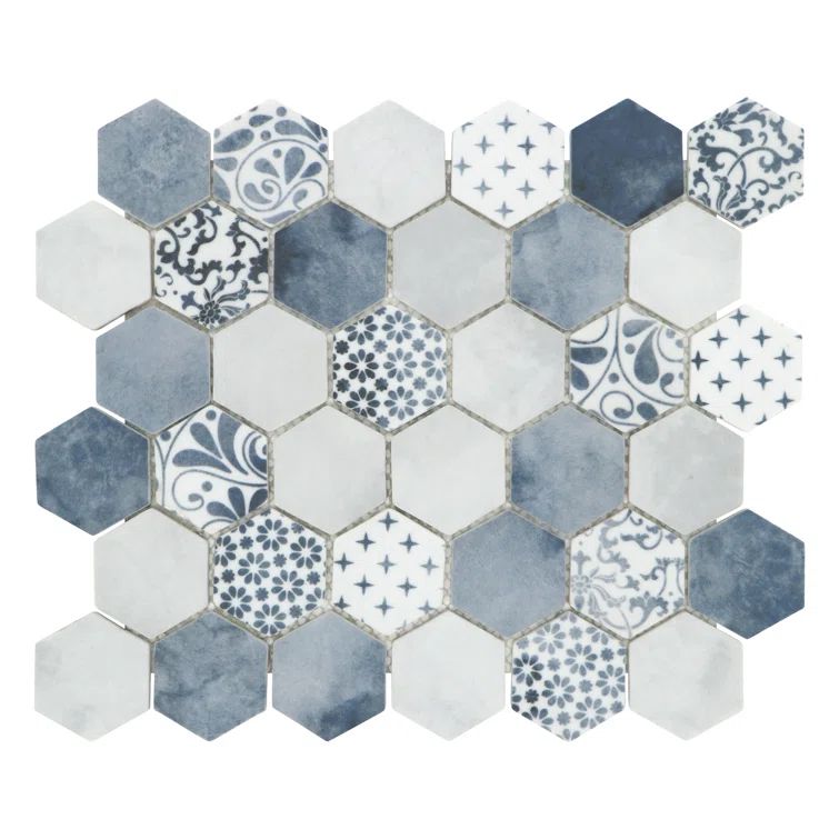 Blue and White Hexagon Recycled Glass Mosaic Tile