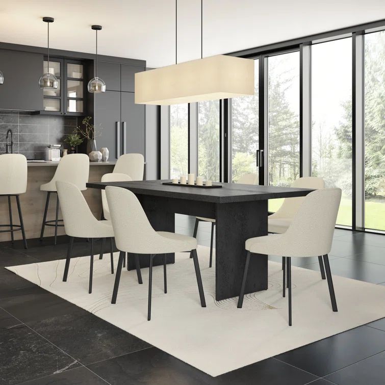 72" Basalt Laminate Dining Table with 6 Cream Bouclé Chairs