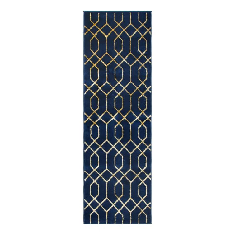 Regency Era Navy Blue & Gold Trellis Synthetic Runner Rug