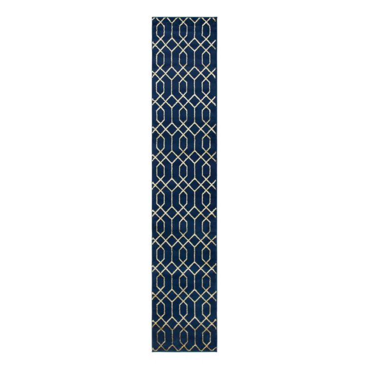 Navy Blue and Gold Trellis Synthetic Runner Rug