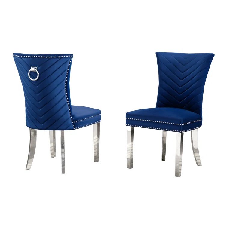 Navy Blue Velvet Upholstered Side Chair with Silver Metal Legs