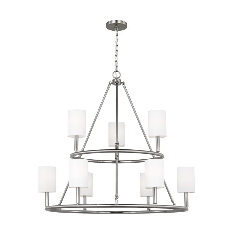 Egmont Brushed Steel 9-Light Chandelier with White Linen Shades