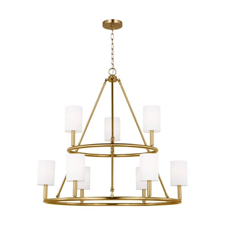 Egmont Satin Brass 9-Light Chandelier with White Linen Shades