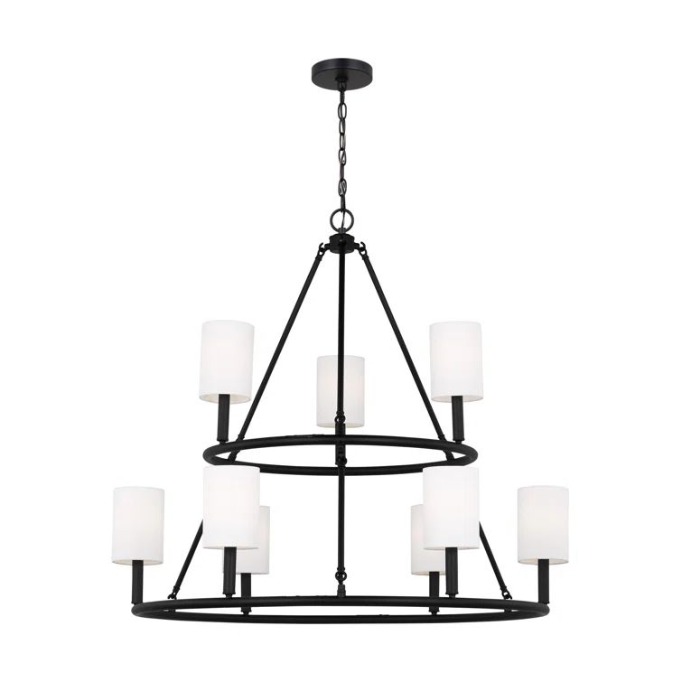 Midnight Black 9-Light Chandelier with White Linen Shades