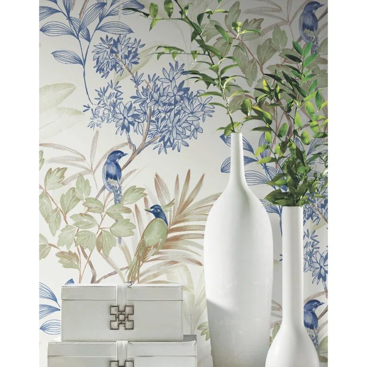 Green and Blue Handpainted Songbird Peel & Stick Wallpaper