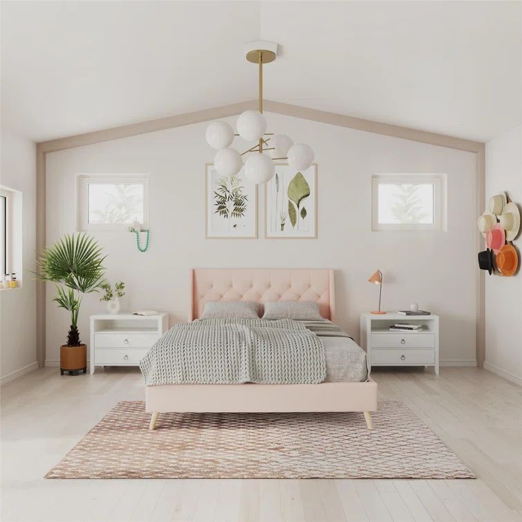 Full Pink Linen Tufted Upholstered Bed with Slats