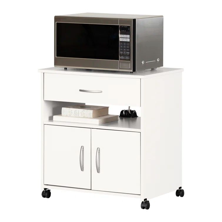White Particleboard Microwave Cart with Storage and Wheels