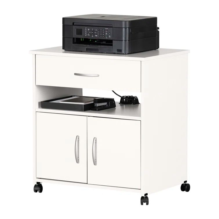 Pure White Particleboard Printer Stand with Wheels and Storage