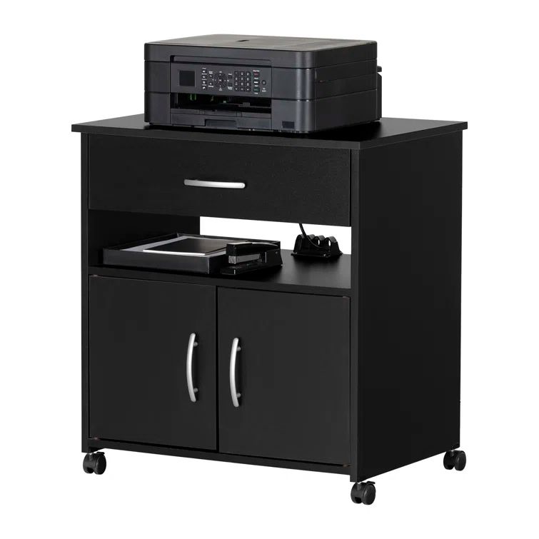 Pure Black Adjustable Printer Stand with Wheels and Storage