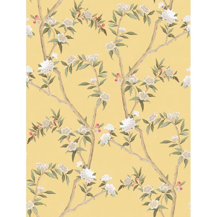 Yellow Chinoiserie Floral Vine Non-Woven Wallpaper Roll
