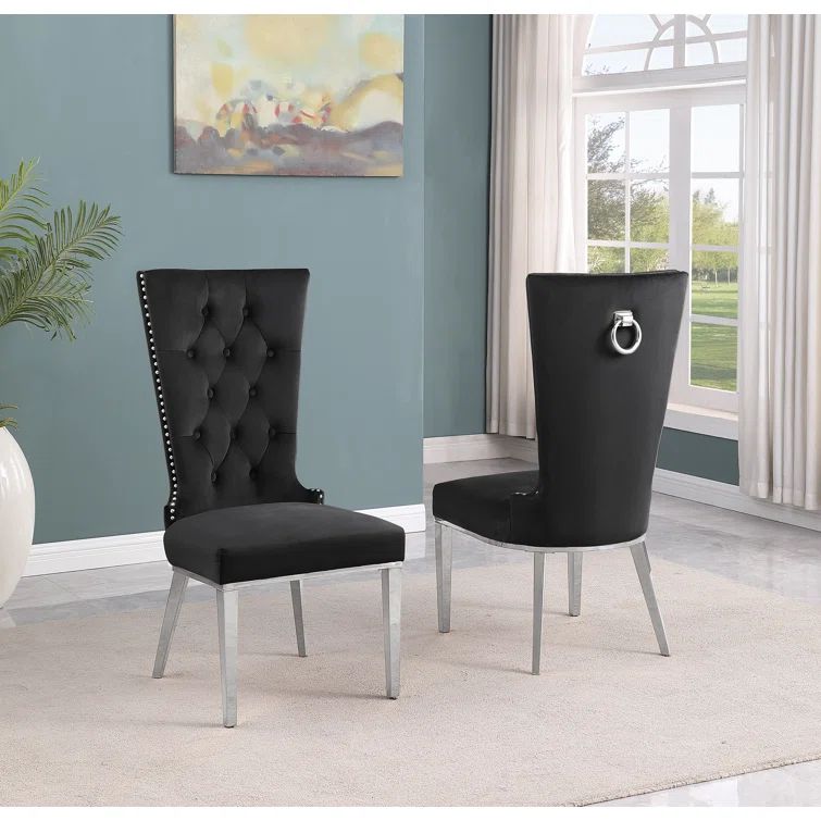 Black Velvet Upholstered High Back Side Chair with Metal Legs