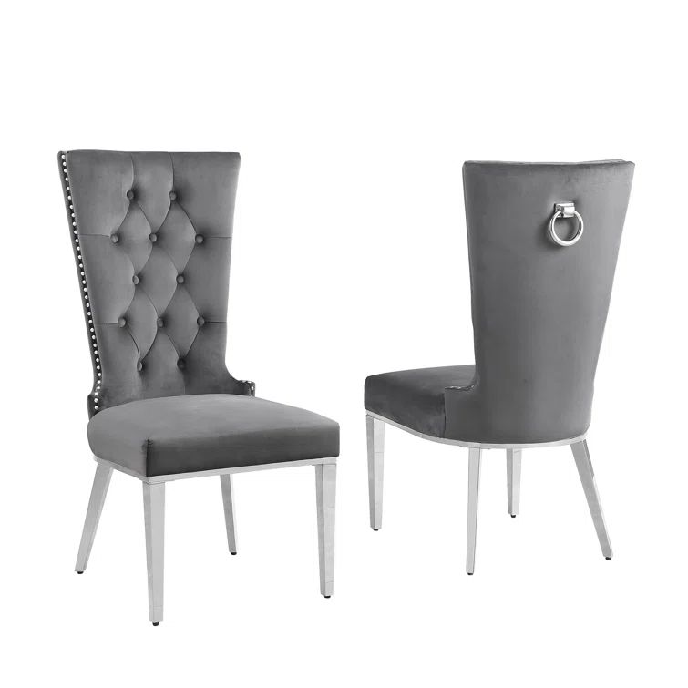 High Back Dark Gray Velvet Side Chair with Silver Metal Legs
