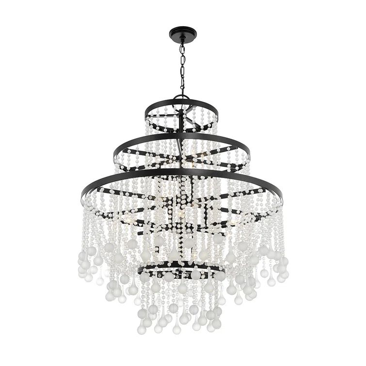Luna Matte Black 15-Light Chandelier with Frosted Crystal