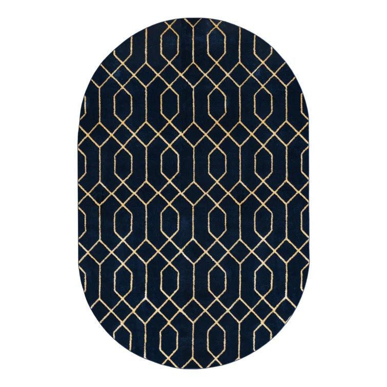 Navy Blue Oval Trellis Synthetic Indoor Area Rug