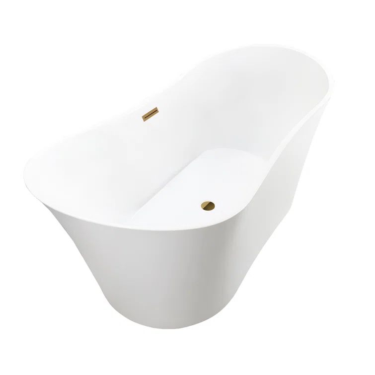 67" White Acrylic Freestanding Soaking Bathtub with Gold Trim