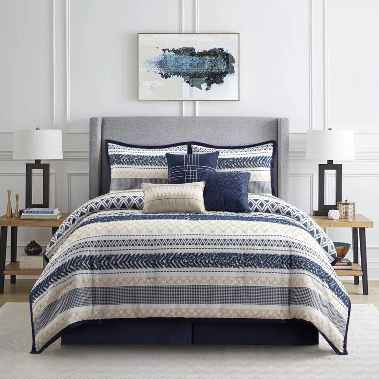 Navy Geometric Jacquard Queen Comforter Set with Decorative Pillows