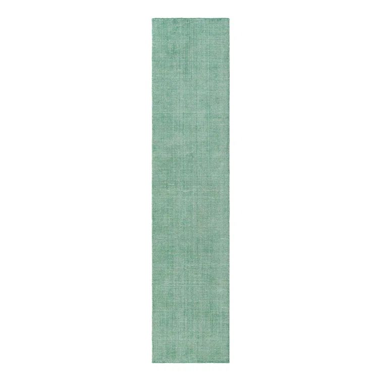 Handmade Green Wool Runner Rug with Ivory Accents