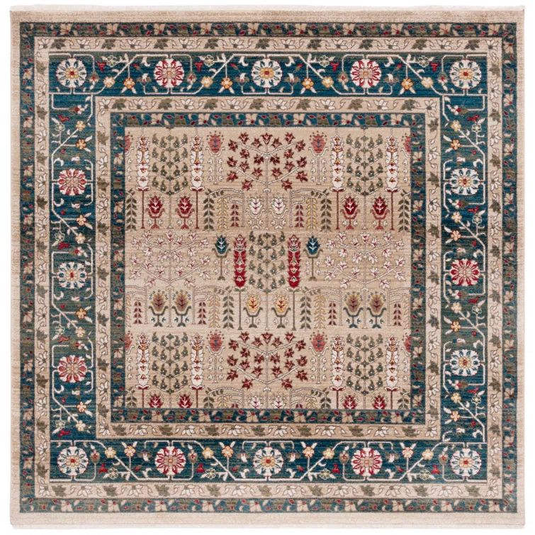 Square Beige and Navy Hand-Knotted Wool Oriental Rug