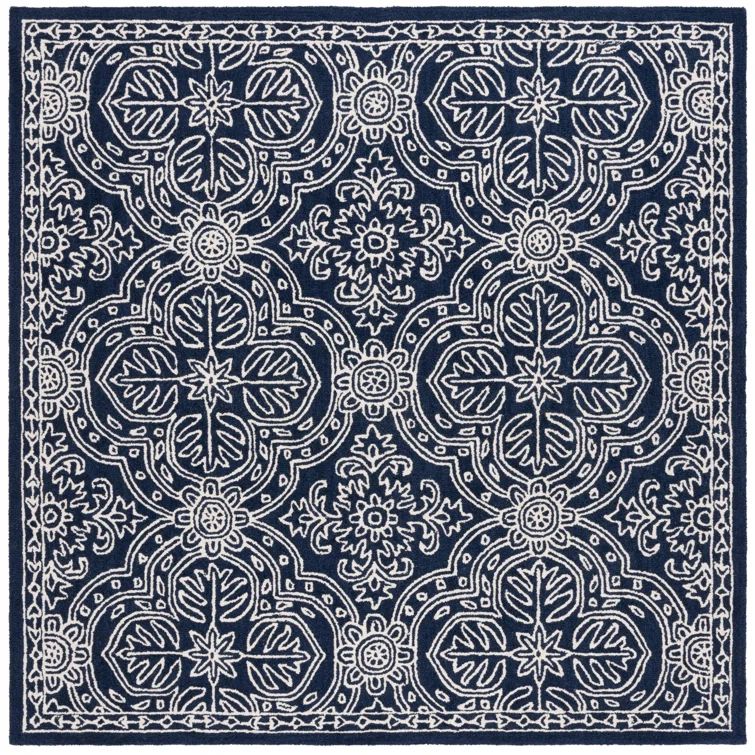 Navy and Ivory Hand-Tufted Wool Square Rug