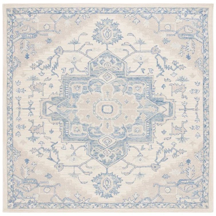 Ivory and Blue Handmade Wool Medallion Square Rug