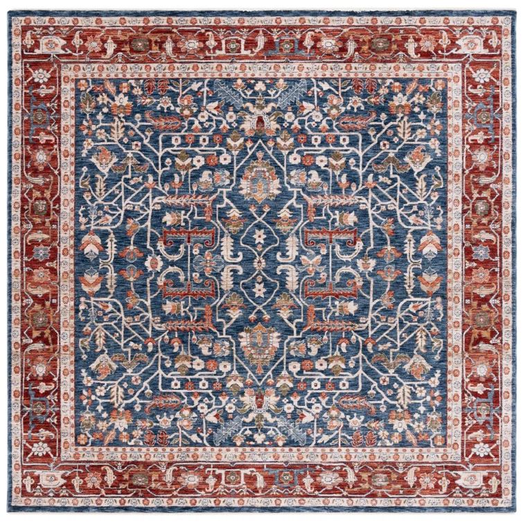 Navy and Red Hand-Knotted Square Synthetic Rug