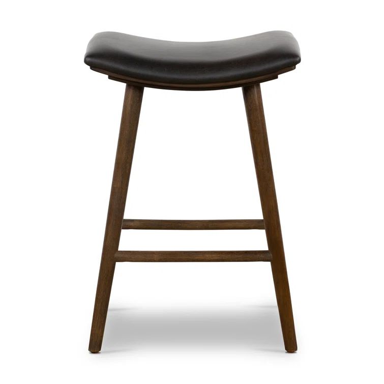 Black Faux Leather Saddle Bar Stool with Warm Wood Legs