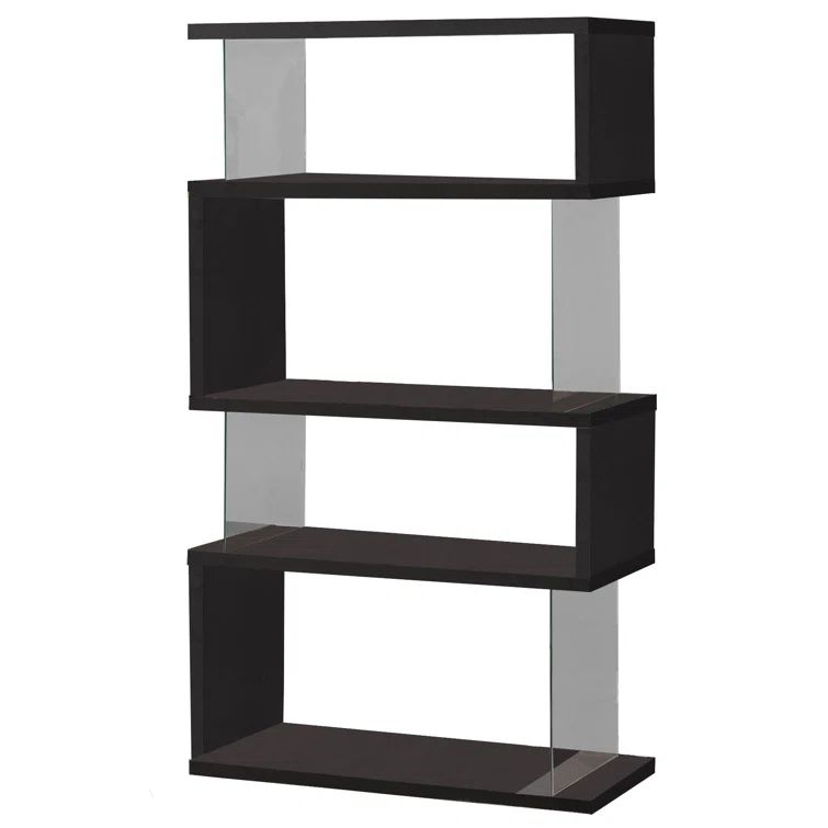 Contemporary Zigzag 63" Black Bookshelf with Glass Supports