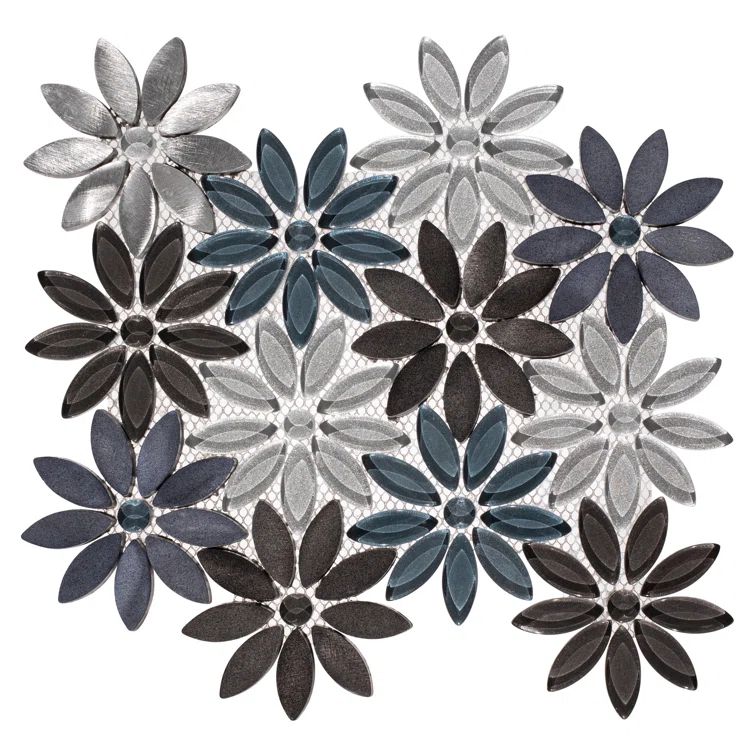 Fresh Blue and Black Flower Mosaic Tile Sheet