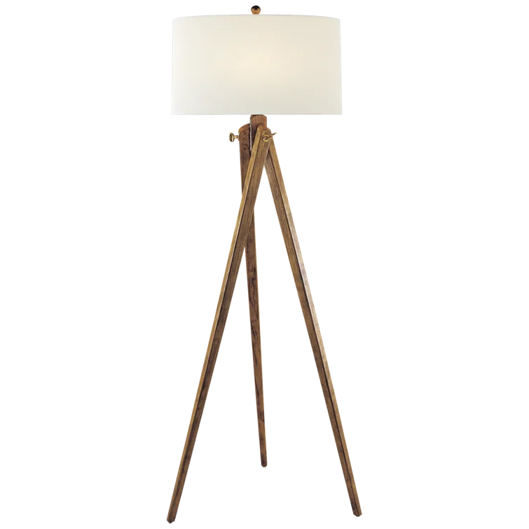 French Waxed Wood Tripod Floor Lamp with Fabric Shade