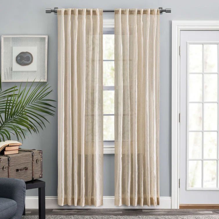 Natural Textured Stripe Linen-Like Pleated Curtain Panels, 84"