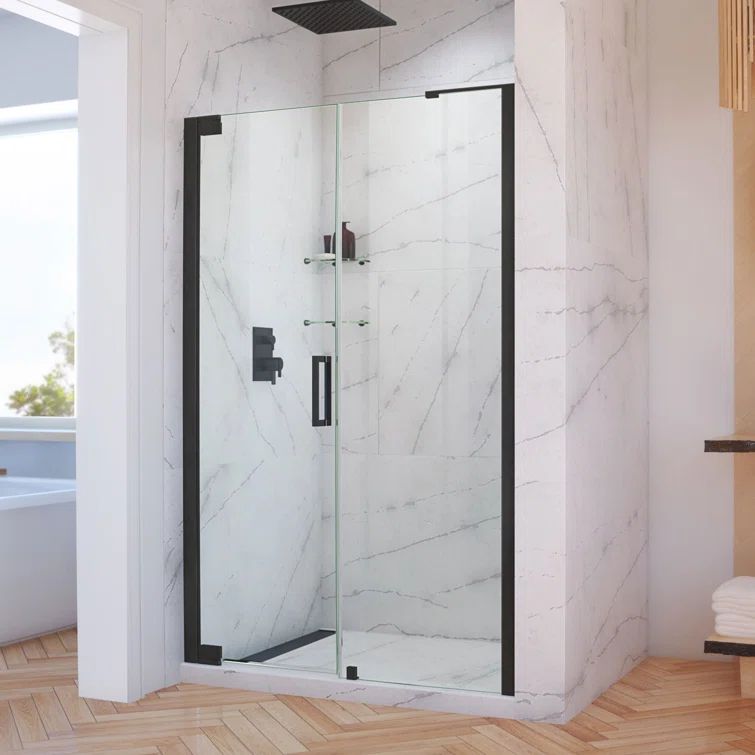 Elegance-LS 59 3/4" Matte Black Frameless Pivot Shower Door with Clear Glass