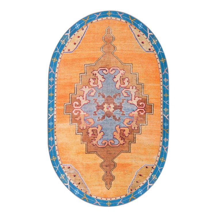 Timeless Orange and Blue Oval Chenille Rug 5' x 8'