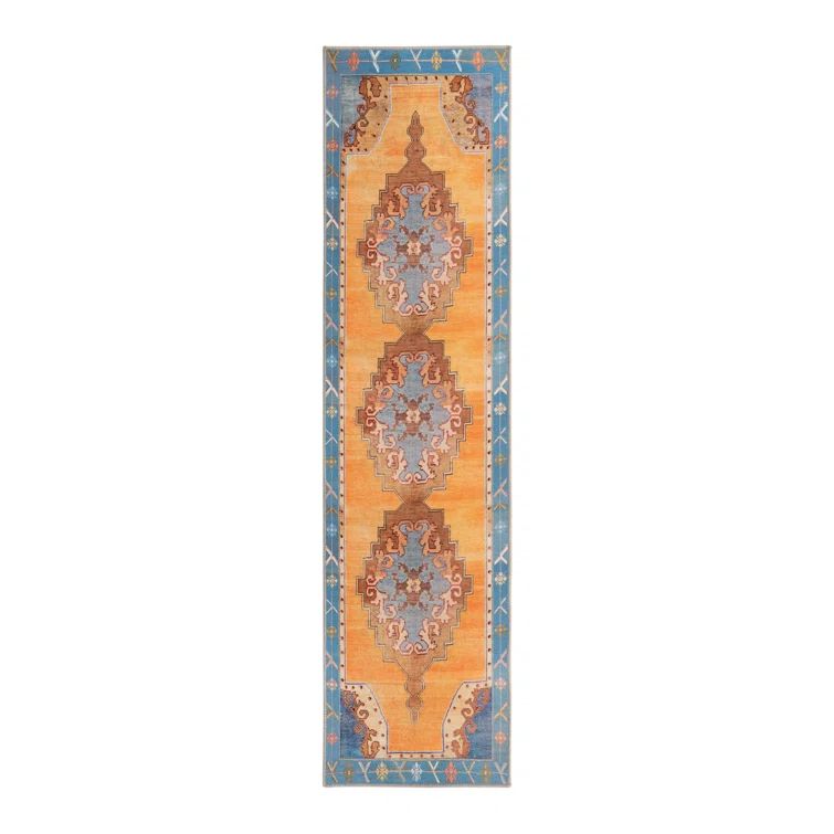 Orange and Blue Flat Woven Chenille Runner Rug