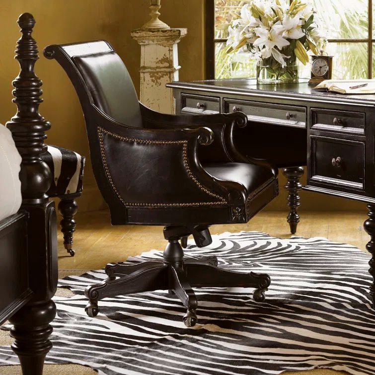Kingstown Traditional Swivel Task Chair in Leather and Wood