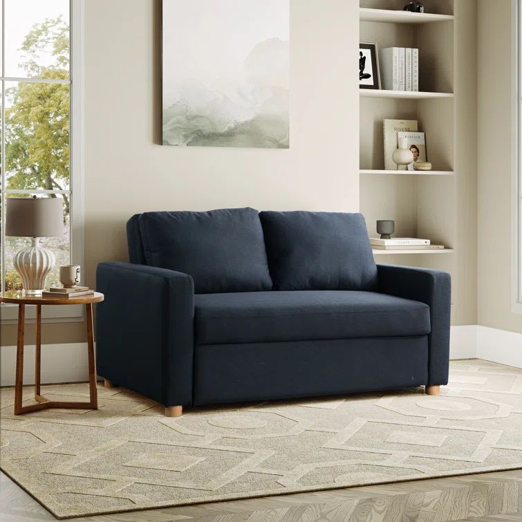 Navy Blue Fabric Full Size Convertible Sleeper Sofa