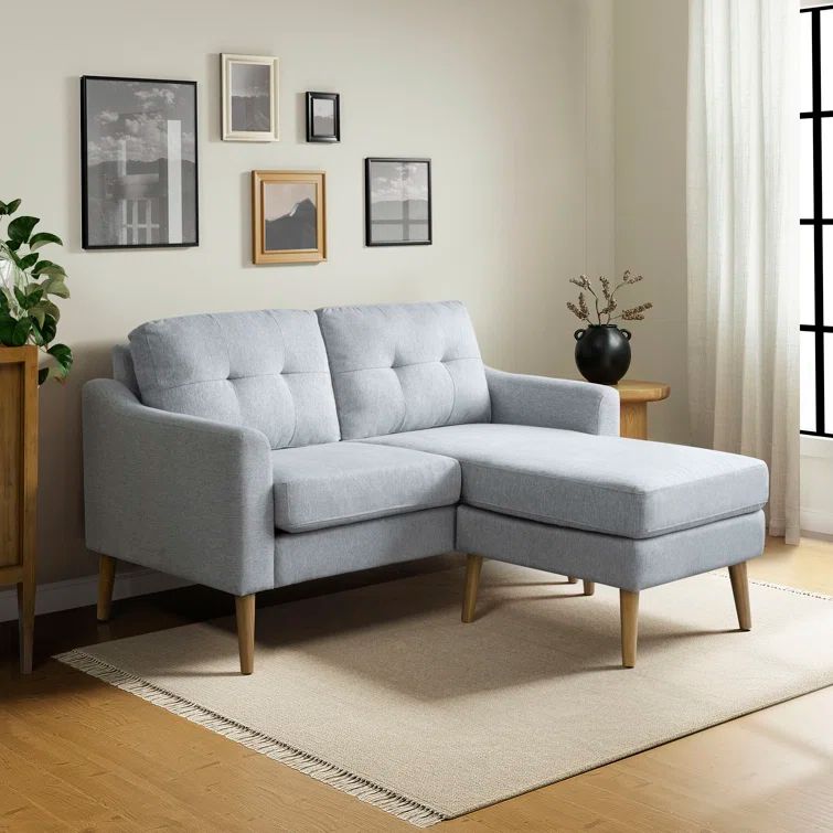 Light Gray Tufted Fabric Loveseat with Ottoman and Wood Legs