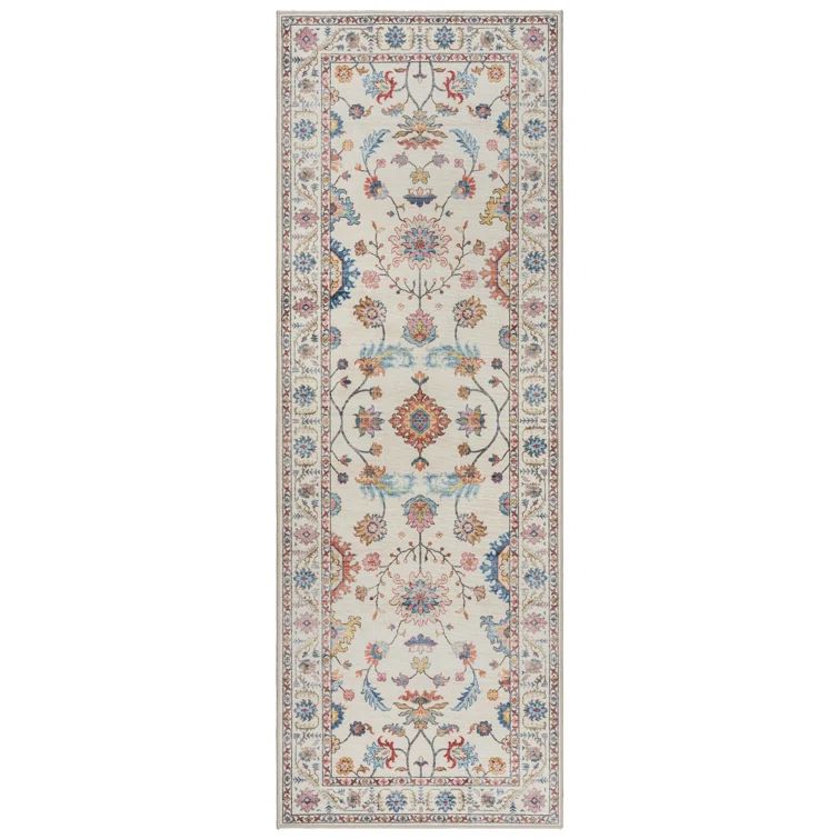 Ivory and Multi Floral Border Washable Runner Rug 2'2" x 6'