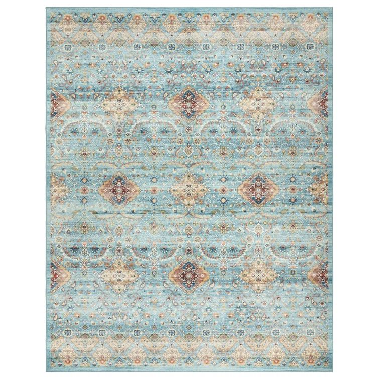 Sage Blue Floral Polyester Washable Runner Rug