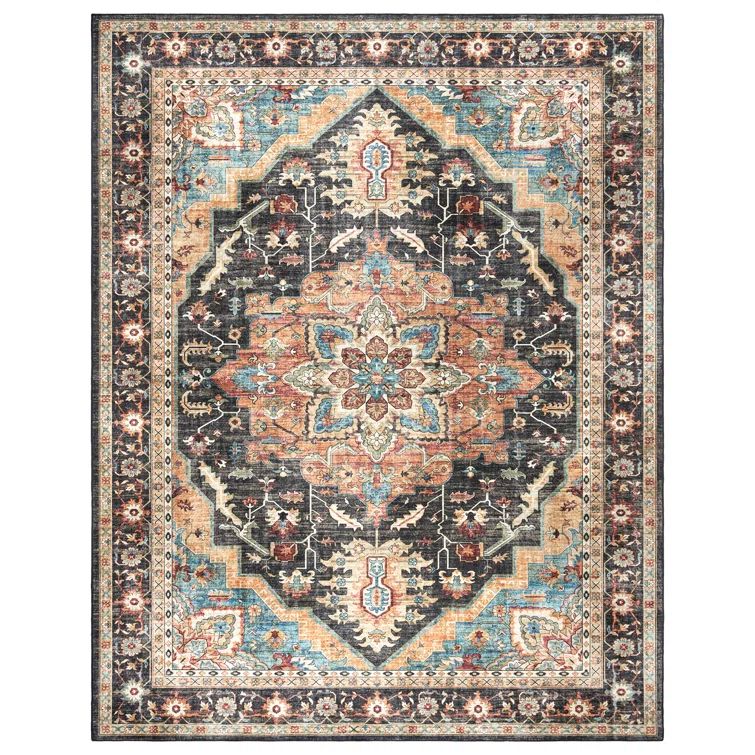 Tiefi Black and Beige Rectangular Washable Synthetic Area Rug, 5' x 7'
