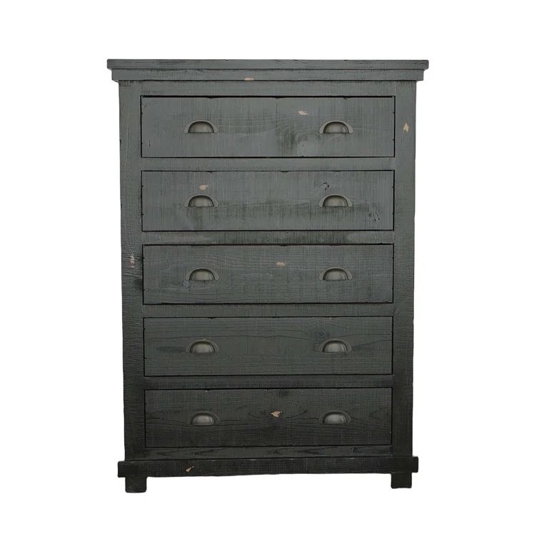 Distressed Black Cottage Style 5-Drawer Solid Pine Dresser