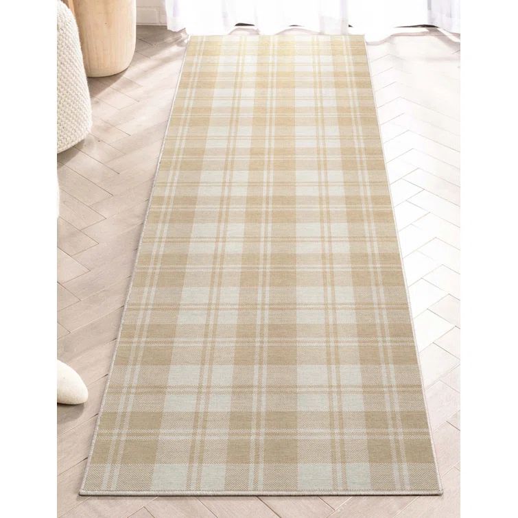 Beige Brown Plaid Synthetic Flat-Woven 2' x 5' Runner Rug