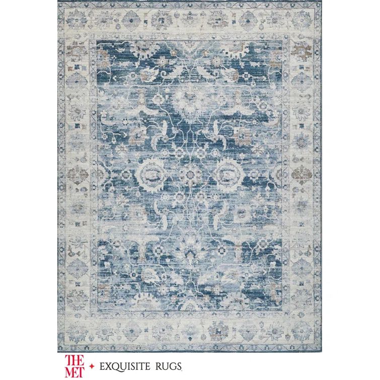 Vintage Blue and Beige Synthetic Rectangular Area Rug
