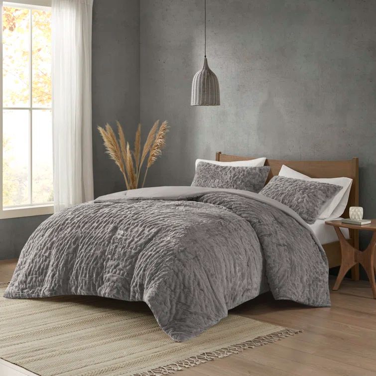 Gray Ruched Faux Fur Down Alternative Comforter Set Full