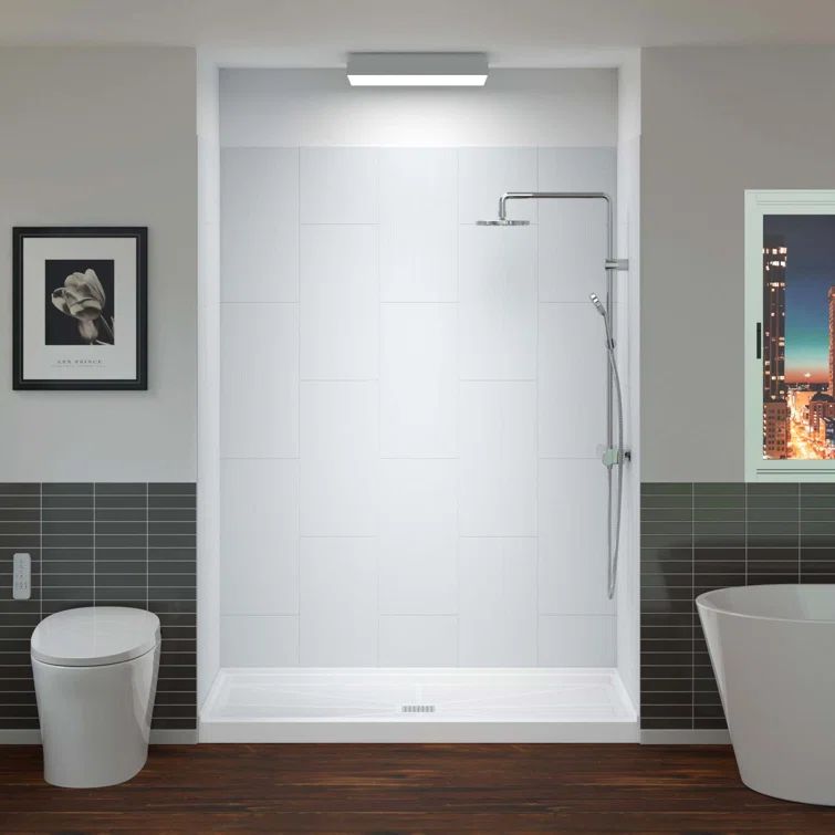 Nickel and White 60'' x 36'' Solid Surface Alcove Shower Stall