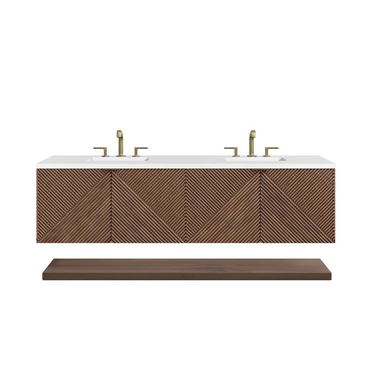 Chestnut Wood Veneer Double Wall-Mount Vanity with White Quartz Top