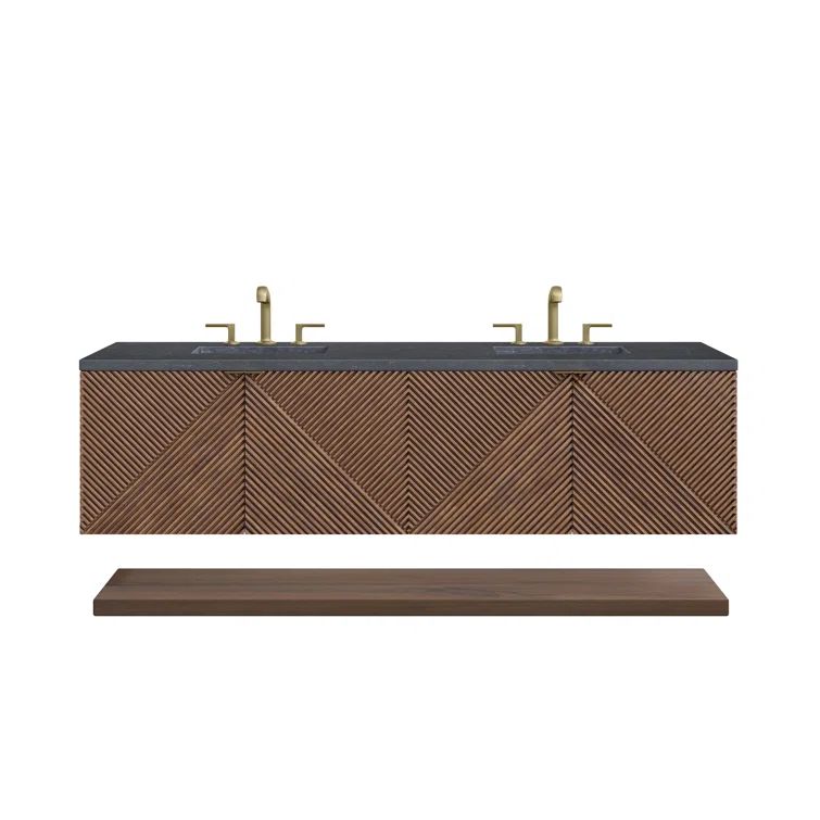 Chestnut Wood Veneer Double Wall-Mount Vanity with Charcoal Soapstone Top