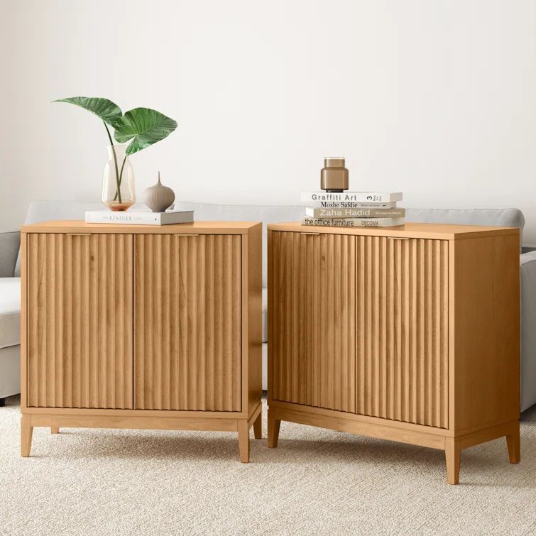 Jasper 31" Warm Pine Fluted Wood Accent Cabinet with Brass Handles, Set of 2