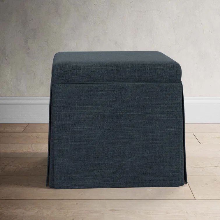 Classic Navy Linen Upholstered Storage Ottoman with Skirted Design