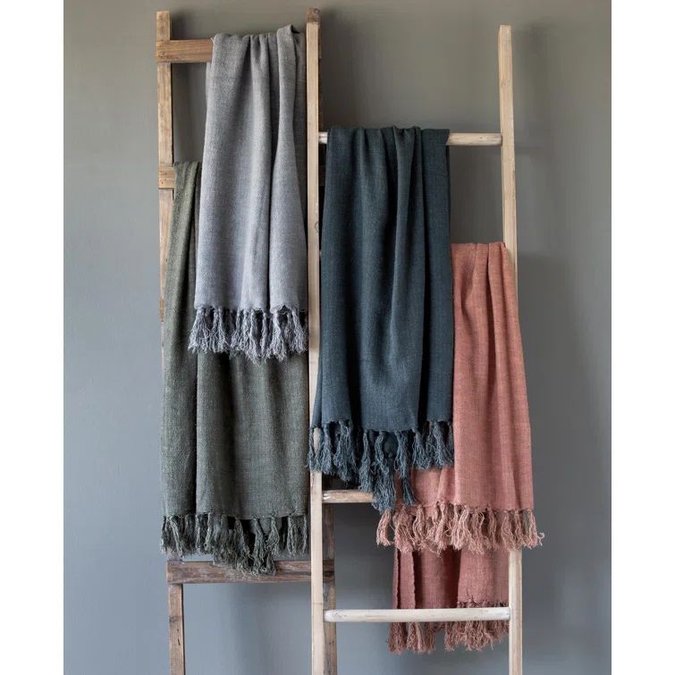 Olive Green Fringed Cotton-Linen Throw Blanket