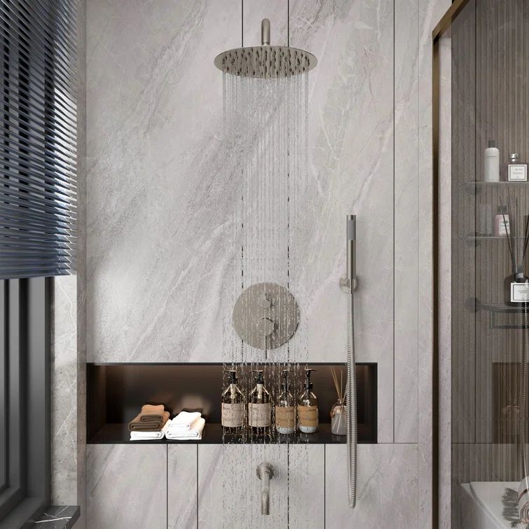 Large Brushed Nickel Dual Rain Shower System with Handheld Spray